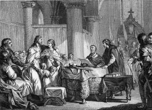 Abdication of Carloman (ca. 715-754), mayor of the palace of Austrasia, for the benefit of his brother, Pepin III dit Pepin le Brief (714-768), 747. Engraving by Jean Michel Moreau, dit Moreau le Jeune (1741- 1814) av Jean Michel the Younger Moreau