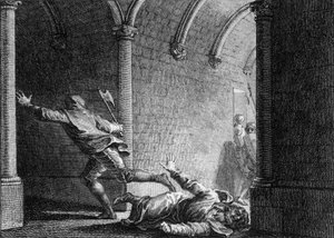 Attentat på Ebroin, borgermester i Neustria Palace, 681: han ble drept med en øks av Hermanfroi, herre som han hadde frarøvet eiendommen sin. Gravering av Jean Michel Moreau, dit Moreau le Jeune (1741-1814)