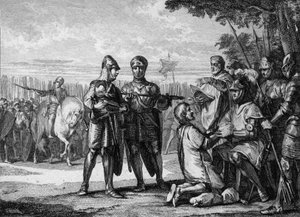 Battle of Tertry, 687: winner of the Armee of Neustria, Pepin the Jeune or Herstal (circa 653-714), prince of Austrasia, recognizes the authority of the king of Neustria Thierry III (657-691). Engraving by Jean Michel Moreau, dit Moreau le Jeune (1741- 181
