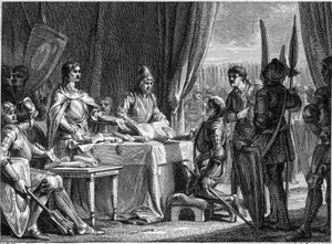 Charles Martel (688-741), King of the Francs, distributes the goods of the Church to his soldiers, 718. Engraving by Jean Michel Moreau, dit Moreau le Jeune (1741- 1814) av Jean Michel the Younger Moreau