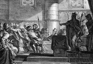 Clergy between clergy and nobility gathered in Parliament in Epernay (Marne) by Charles the Bald (846). Engraving by J. P. Le Bas after Moreau le jeune.18th century.