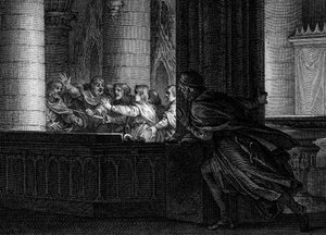 Konspirasjon mot Charlemagne, 792: en herre overrasker samtalen mellom konspiratorer som planlegger drapet på frankernes konge. Blant dem, Pepin the Bossu (769-811), sønn av Charlemagne. Gravering av Jean Michel Moreau, dit Moreau le Jeune (1741 av Jean Michel the Younger Moreau