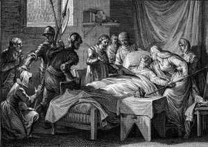 Død og arv etter Charles II the Bald (823-877), 877: kongen overlot til keiserinnen keiserkronen, hans gyldne septer, St. Peters sverd og et testamente der han utpeker sin sønn Ludvig the Begue til arv . Gravering av J av Jean Michel the Younger Moreau