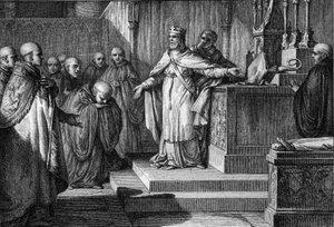 Hugues Capet (941-996) reetablerte de kanoniske valgene: Frankenes konge lot munkene velge sine abbeder ved å plassere et kors og en mitre på et alter. Gravering av Jean Michel Moreau, dit Moreau le Jeune (1741-1814) av Jean Michel the Younger Moreau