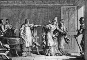 Louis V the Faineant (966-987), kongen av frankerne, utviser sin mor, dronning Emma av Italia (945-988), anklaget for å ha forgiftet mannen hennes, kong Lothaire (941-986), 987. Gravering av Jean Michel Moreau , dette Moreau le Jeune (1741–1814) av Jean Michel the Younger Moreau