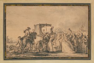 Marie Antoinette, gikk ut av vognen og omgitt av kortegen sin, trøstet en bonde, 1773 av Jean Michel the Younger Moreau