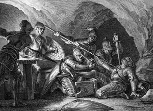 Meeting of the Duchy of Aquitaine to the Crown: Assassination of Waifre (or Gaifier), Duke of Aquitaine (767 or 768). Engraving by Romanet after Moreau le jeune (1779). av Jean Michel the Younger Moreau