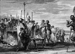 Ordalies eller "Guds dommer", 877: representantene for Ludvig av Germania, som kom for å gjøre krav på Ludvig II den skallede halvdelen av kongeriket Lorraine, ble enige om å underkaste seg testene med varmt jern, kokende vann og kaldt vann. Gravering av J av Jean Michel the Younger Moreau