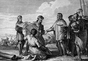 Project of a canal between the Rhine and the Danube, 793: Charlemagne (747-814) visiting the canal site to connect the North Sea to the Black Sea. Engraving by Jean Michel Moreau, dit Moreau le Jeune (1741- 1814) av Jean Michel the Younger Moreau