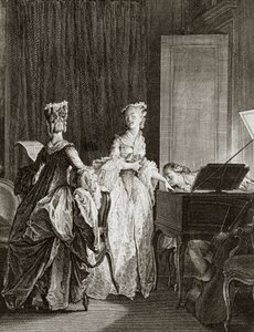 Saint Preux og Claire ved cembalo i "" Julie ou la nouvelle Heloise"" av den sveitsiske filosofen Jean Jacques (Jean-Jacques) Rousseau (1712-1778) - gravering av Moreau le jeune, Jean Michel (1741-1814) (Saint -Preux, slår seg ned ved cembalo, kyss av Jean Michel the Younger Moreau
