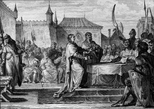 Etterfølge av Pepin the Brief, 768: en forsamling bestemte seg for å dele riket mellom hans to sønner, Charlemagne (747-814) og Carloman (ca. 751-771), og dermed bryte ned ordningene som ble gjort av Pepin the Brief. Gravering av Jean Michel Moreau, dit Mo