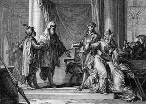 Prinsessen av Aquitaine, Lampagie, ble tvangsgiftet av sin far (Eudes) med den mauriske kaptein Munuza (Uthman ibn Naissa) for å sikre fred med saracenerne, 730. Gravering av Jean Michel Moreau, dit Moreau le Jeune (1741-1814) )