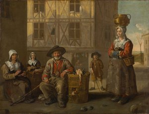 En fjærfehandler og en gammel kvinne som varmer hendene sine, ca 1652 (olje på lerret)
