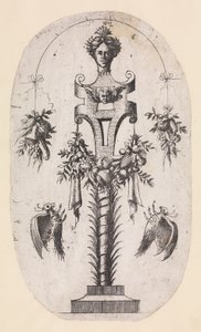 Design for en periode med lederen for kvinne, stropper og troféer, 1535-55. av Jean Mignon