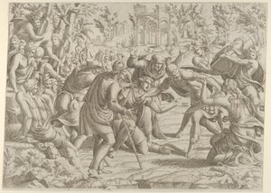 Den forræderske Sinon brakt inn i Trajans leir av hyrdene, 1535-55. av Jean Mignon