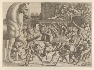 Trojanerne bringer trehesten inn i byen deres, 1535-55. av Jean Mignon