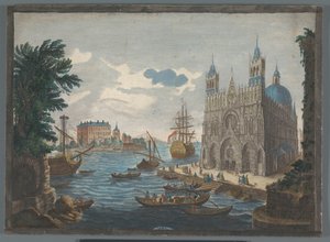 Utsikt over en gotisk katedral på vannet Vue d