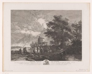 Jaktgruppe i landskap med bro Petite Partie de Chasse (tittel på objekt) Trykk etter malerier av Philips Wouwerman (serietittel) Oeuvres de Ph.pe Wouwermans Hollandois (serietittel) av Jean Moyreau