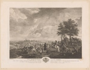 Landskap med hestehandlere på et marked Les Maquignons à la Foire (tittel på objekt) Trykk etter malerier av Philips Wouwerman (serietittel) Oeuvres de Ph.pe Wouwermans Hollandois (serietittel) av Jean Moyreau