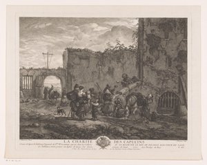 Munker deler ut mat til pilegrimer på en gårdsplass La Charité des Capucins (tittel på objekt) Trykk etter malerier av Philips Wouwerman (serietittel) Oeuvres de Ph.pe Wouwermans Hollandois (serietittel)