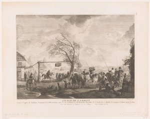 Ringeskilt på en bygdekro Cours de la bague (tittel på objekt) Trykk etter malerier av Philips Wouwerman (serietittel) Oeuvres de Ph.pe Wouwermans Hollandois (serietittel) av Jean Moyreau