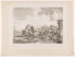 Hvilende jaktfest ved en fontene La Fontaine de Venus Trykk etter malerier av Philips Wouwerman (serietittel) Oeuvres de Ph.pe Wouwermans Hollandois (serietittel)