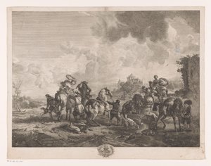 Hvilende jaktfest ved en fontene La Fontaine de Venus Trykk etter malerier av Philips Wouwerman (serietittel) Oeuvres de Ph.pe Wouwermans Hollandois (serietittel) av Jean Moyreau