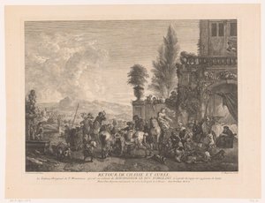 Tilbakevendende jaktlag Returner chasse et curée (tittel på objekt) Trykk etter malerier av Philips Wouwerman (serietittel) Oeuvres de Ph.pe Wouwermans Hollandois (serietittel)
