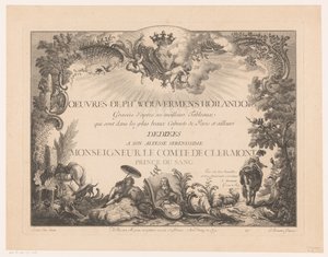 Titteltrykk med figurer og dyr i et landskap, med portrettet av Philips Wouwerman Trykk etter malerier av Philips Wouwerman (serietittel) Oeuvres de Ph.pe Wouwermans Hollandois (serietittel på objekt)