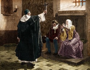 Den store spanske inkvisitoren, Fray Tomas de Torquemada (1420-1498), blant de katolske kongene Ferdinand II og Isabella 1. av Castilla