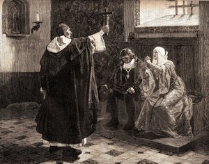 Den store spanske inkvisitoren, Fray Tomas de Torquemada (1420-1498), blant de katolske kongene Ferdinand II av Aragon og Isabella av Castilla