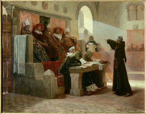 Albigeoise Inquisition: "Agitatoren til Languedoc Bernard Delicieux (1260-1318), fransiskanermunk under rettssaken hans." Dommens scene: på første rad i sentrum, vendt mot Bernard Delicieux, er den store inkvisitoren omgitt av to religiøse, bak av Jean Paul Laurens