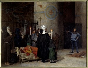Begravelse til Vilhelm Erobreren (1027-1087), konge av England fra 1066 til 1087 (1087), i Abbey aux Hommes (Abbey-au-Hommes) i Caen. En mann ved navn Asselin avbryter seremonien. Maleri av Jean Paul Laurens (1838-1921)