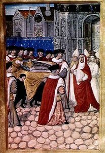 F.28r Ankomsten av hertuginnedronningens lik og mottakelsen av kardinal Philip av Luxembourg, fra beretningen om begravelsen til Anne av Bretagne (1477-1514) 1515