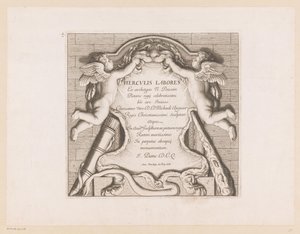 Titteltrykk med to putti og attributtene til Hercules Labours of Hercules (serietittel) Herculis Labores (serietittel på objekt)