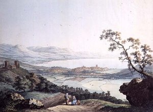 Utsikt over Genève fra Saconex i Savoy, gravert av Jean Philippe Linck II (1770-1812) og Jacob Philippe Hackert (1737-1807) (gravering) av Jean Philippe II (after) Linck