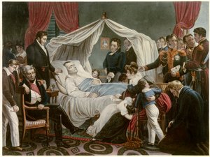 Napoleons død, 05/05/1821 ved Sainte Helene Litografi av Jean Pierre Marie Jazet (1788-1871) etter maleriet av Charles Auguste Steuben (1788-1856) Malmaison. Slottsmuseet
