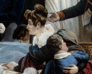 Napoleons død, 5/05/1821 ved Saint Helenedetail som representerer Fanny Bertrand, kone til Henri Gatien Bertrand (1773-1844). Litografi av Jean Pierre Marie Jazet (1788-1871) basert på maleriet av Charles Auguste Steuben (1788-1856) Malmaison. Chateau