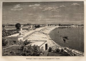 Chandernagor (dagens Chandannagar, i Vest-Bengal), ved bredden av Ganges, gravert etter tegningen av J.Moynet, som illustrerer Rajahs reise i India, i 1864-1868, av Louis Rousselet, publisert i "" Le tour du monde”” 1874, redigert