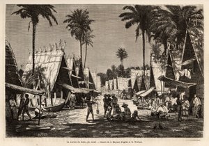 Marsjen til Dobbo, på Arou Island, et havnesenter, animert av mange kjøpmenn og skipsbygging, gravert etter tegningen av J.Moynet, som illustrerer reisen til den malaysiske skjærgården i 1854-1862, av Alfred Russell Wallace (1823-1913) ), en britisk