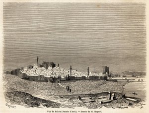 Utsikt over Baku (Russland, Aserbajdsjan), tegning av Mr. Moynet, for å illustrere reisen til kysten av Kaspiahavet, i oktober 1858, av Mr. Moynet. Gravering i "" Le tour du monde, nouveau journal des voyages"" Paris