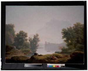 Morgen og kveld: Et klassisk landskap med gjetere, en akvedukt bortenfor av Jean Pierre Pequignot