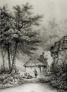Jean-Jacques Rousseaus (1712-78) hytte i Ermenonville, 1842 av Jean Pierre after Thenot