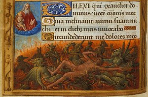 Timebok, detalj: Dykk plaget av demoner og sett av Lasarus sjel, ca. 1500