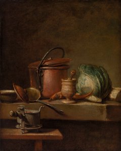 Stilleben med kobbergryte, kål, stamper og komfyr av Jean Baptiste Simeon Chardin