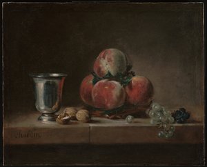 Stilleben med fersken, en sølvbeger, druer og valnøtter av Jean Baptiste Simeon Chardin