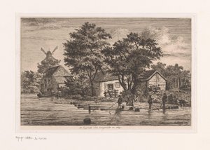 Utsikt over den engelske vesten i Antwerpen hvor trestammer er samlet, bygninger og en mølle i bakgrunnen Den engelske vesten ferdigstilt i 1867 (tittel på objekt) av Jean Théodore Joseph Linnig