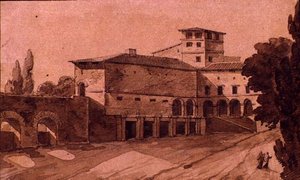 Utsikt over en italiensk by (penn med sepiablekk og vask på papir) av Jean Thomas Thibault