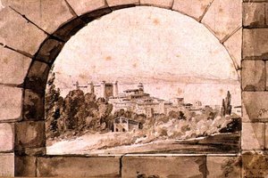 Utsikt over byen og innsjøen Bracciano, ca. 1810 (penn og sepiablekk med sepiavask på papir) av Jean Thomas Thibault