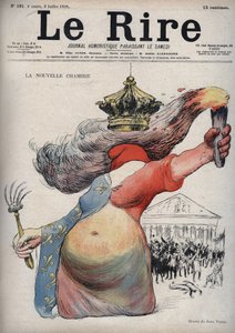 The new room - Marianne with her face covered in a phrygian cap - Marianne dressed in a dress in two parts: one red side and the other side decor with fleur-de-lis - (The cartoon refers to the political division between republicans and monarchists) - drawi